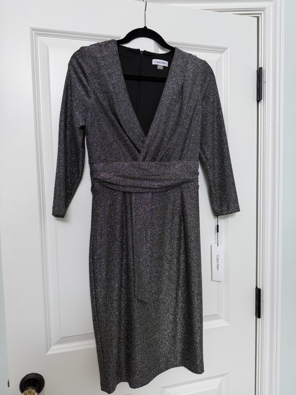 Calvin Klein Silver Glitter V-Neck Long Sleeve Sheath Dress